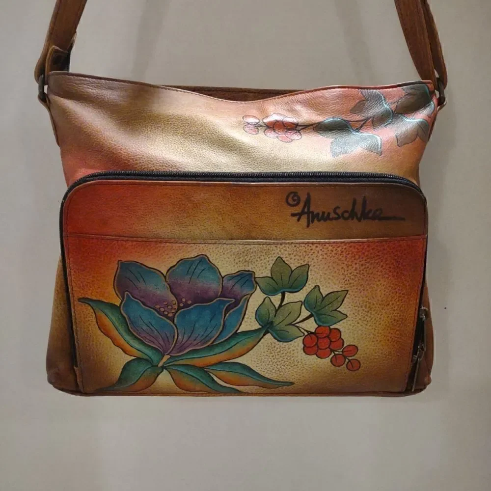 Anuschka Purse Tan Brown Teal Floral NWOT